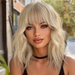 Nnzes Short Wavy Bob Wig with Bangs for Women Shoulder Length Curly Blonde Synthetic Heat-Resistant Fiber Hair for Daily & Party Use