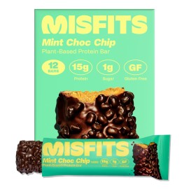 Misfits Vegan Protein Bars - Mint Chocolate Chip | Nutrition Bars - 15g Protein, 1g Sugar, Plant-based, Low Carb, Non-GMO, Gluten Free Snacks | Pack of 12