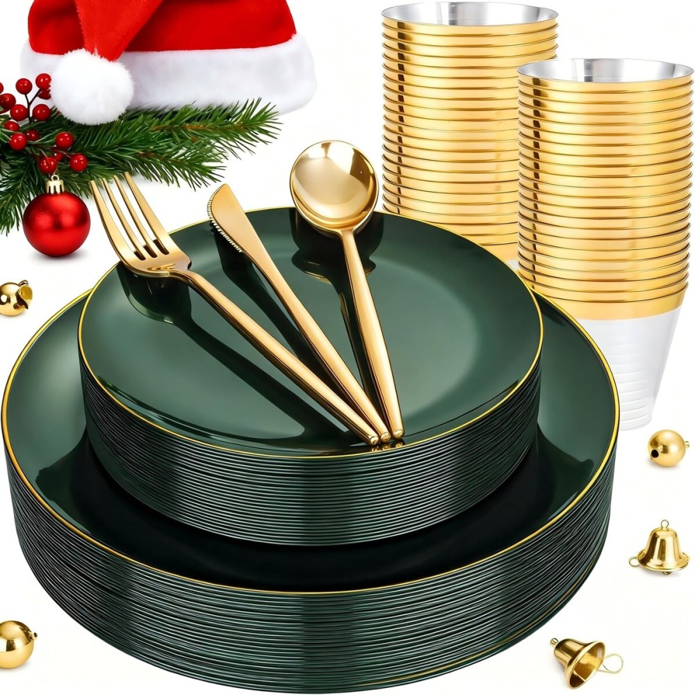 bUCLA 150PCS Green Plastic Plates - Green and Gold Disposable Include 25 Each (Dinner & Dessert) Plates, 25 Knives, 25 Forks, 25 Spoons and 25 Cups, Ideal for Party&Christmas