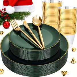 bUCLA 150PCS Green Plastic Plates - Green and Gold Disposable Include 25 Each (Dinner & Dessert) Plates, 25 Knives, 25 Forks, 25 Spoons and 25 Cups, Ideal for Party&Christmas