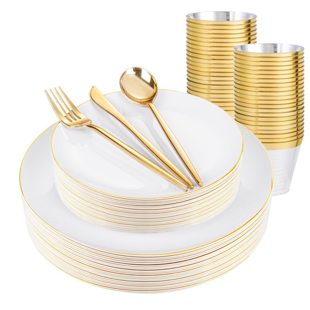 bUCLA 150PCS White and Gold Plastic Plates Disposable - 25 Guests Gold Dinnerware Set - Include 25 Each (Dinner & Dessert) Plates, 25 Knives, 25 Forks, 25 Spoons & 25 Cups for Party