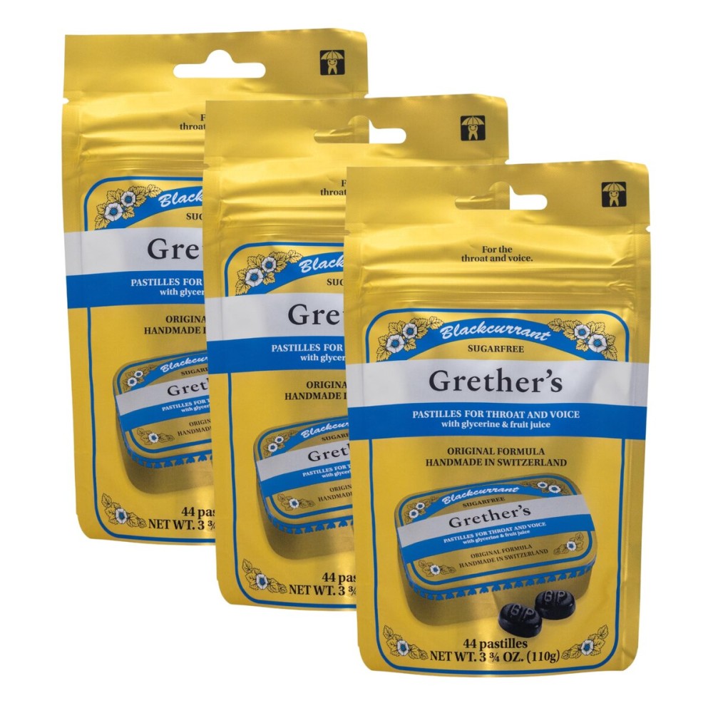 GRETHER\'S Sugarfree Blackcurrant Pastilles Natural Remedy for Dry Mouth Relief - Soothing Throat & Healthy Voice - Long-Lasting Fruit Flavor, Gift for Singers - Gluten-Free - 3-Pack - 3.7 oz