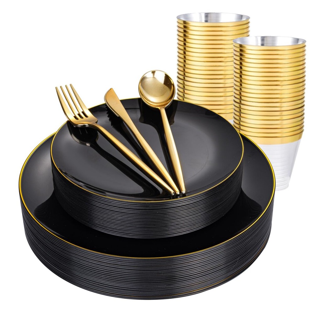 bUCLA 150PCS Black and Gold Plastic Plates - Black Gold Plastic Dinnerware Set Disposable - Include 25 Dinner / 25 Dessert Plates, 25 Knives, 25 Forks, 25 Spoons, 25 Cups, Ideal for Party & New Year