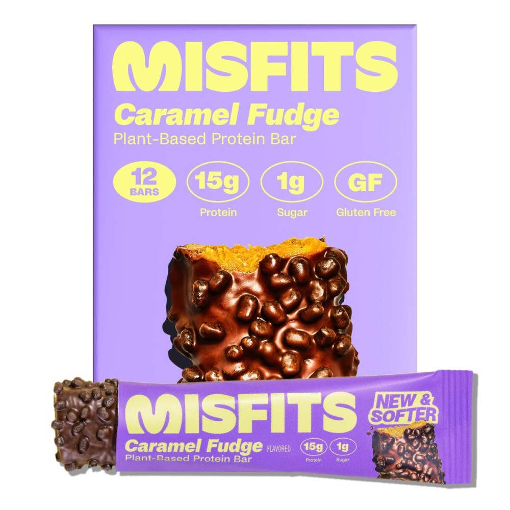 Misfits Vegan Protein Bars - Sweet Caramel Fudge | Nutrition Bars - 15g Protein, 1g Sugar, Plant-based, Low Carb, Non-GMO, Gluten Free Snacks | Pack of 12