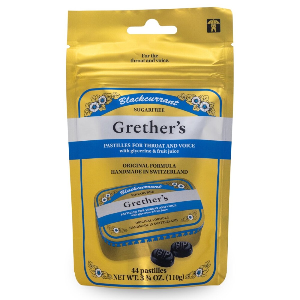 GRETHER\'S Sugarfree Blackcurrant Pastilles Natural Remedy for Dry Mouth Relief - Soothing Throat & Healthy Voice - Long-Lasting Fruit Flavor, Gift for Singers - Gluten-Free - 1-Pack - 3.7 oz