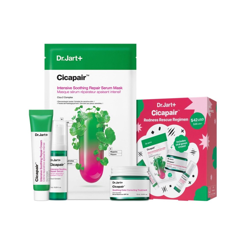 Dr.Jart+ Cicapair Redness Rescue Regimen Korean Skin Care Set with Centella Asiatica | 4 Piece Travel Size Value Gift Set