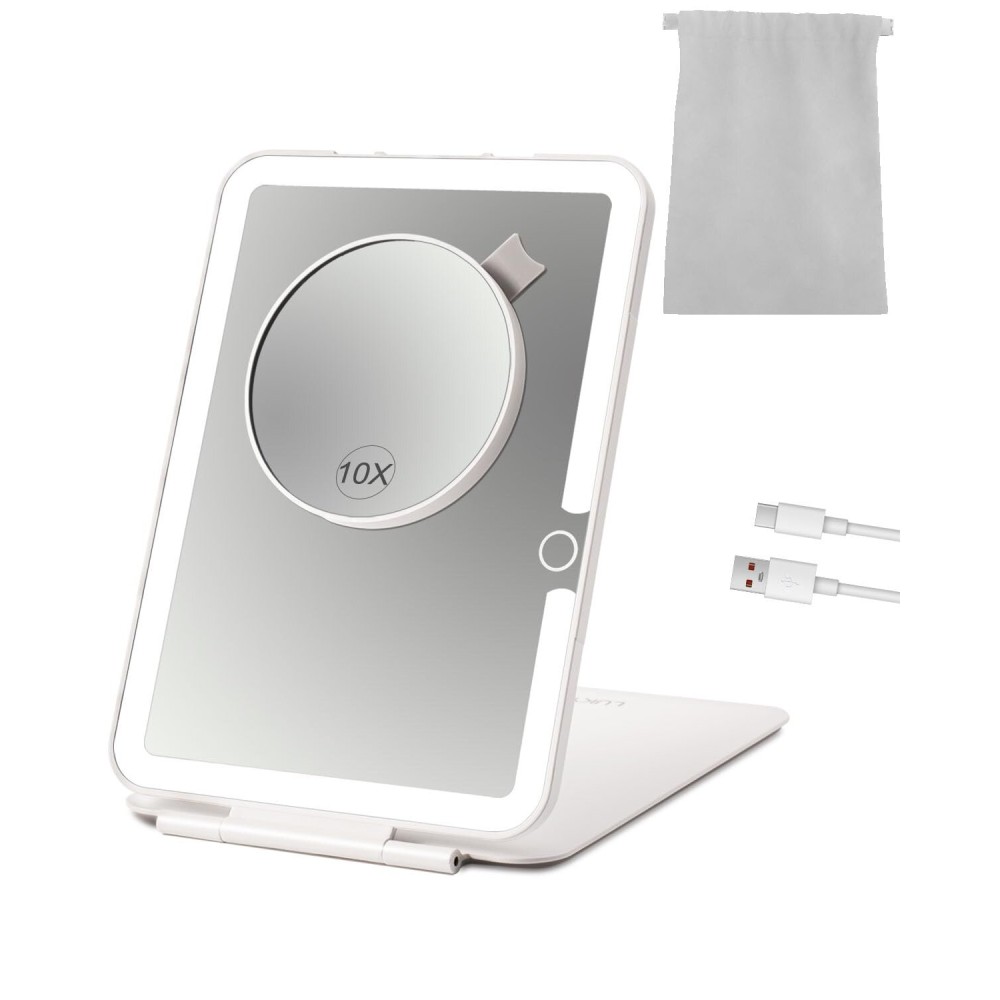 LUKYMIRO Rechargeable Travel Makeup Mirror with Lights and10x Magnification, 70 LEDs 3 Color Lights, Foldable Beauty Mirror, Portable Lighted Mirror Offwhite with Carrying Case