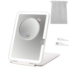 LUKYMIRO Rechargeable Travel Makeup Mirror with Lights and10x Magnification, 70 LEDs 3 Color Lights, Foldable Beauty Mirror, Portable Lighted Mirror Offwhite with Carrying Case