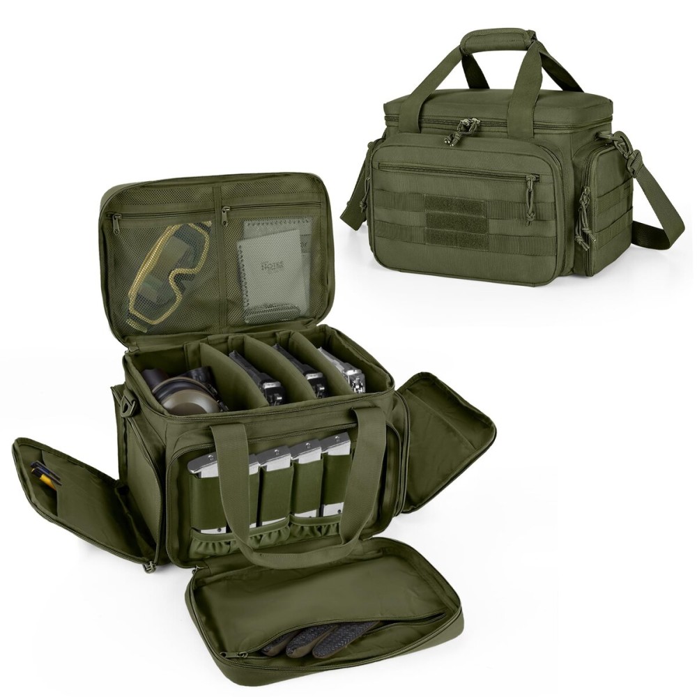 DSLEAF Tactical Gun Range Bag for 4 Handguns, Pistol Shooting Range Bag with 6X Magazine Slots and Extra Pockets for Ammo and Essentials, Green