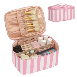 OCHEAL Makeup Bag,Travel Makeup Organizer Bag, Large Capacity Cosmetic Bags For Women Large Travel Toiletry Bag Girls Traveling With Brush Slot And Divider-Stripes Pink