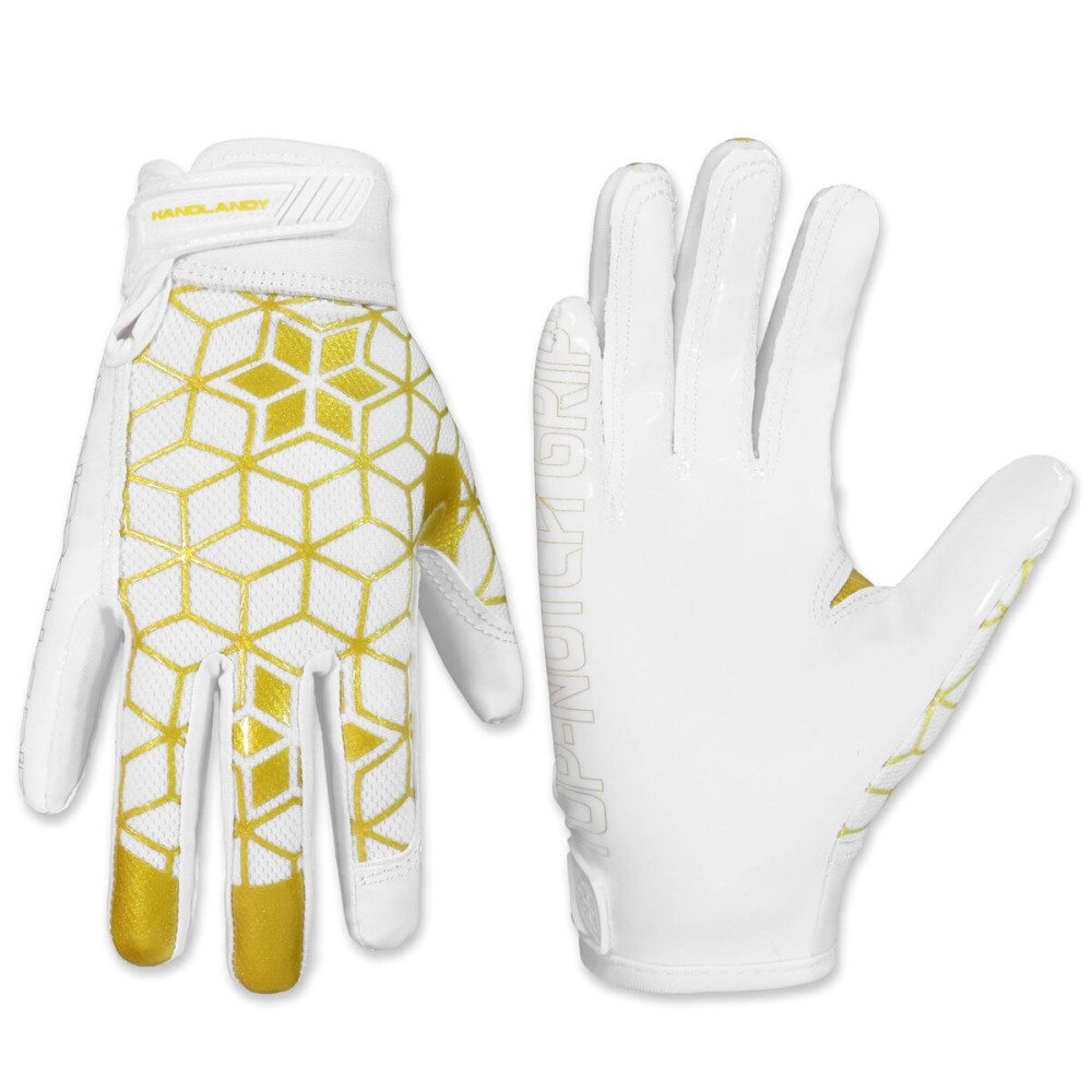 HANDLANDY Youth Football Gloves, Kids Sticky Receiver Gloves,Super Grip Football Glove Best Gift for Boys,Girls (Cream White and Gold, X-Small-Youth)