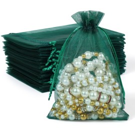 Hopttreely 100PCS Dark Green Organza Bags, 4X4.72 inch Mesh Bags Drawstring Gift Bag, Jewelry Pouches for Party, Christmas, Festival, Bathroom Soaps, Makeup Organza, Wrapping Supplie