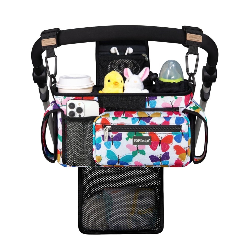 TOPDesign Universal Baby Stroller Organizer, Stroller Caddy with Detachable Mesh Bag & Heightened Insulated Cup Holders & Non-Slip Secure Hooks Accessories, Fits Most Strollers (Colorful Butterfly)