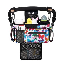 TOPDesign Universal Baby Stroller Organizer, Stroller Caddy with Detachable Mesh Bag & Heightened Insulated Cup Holders & Non-Slip Secure Hooks Accessories, Fits Most Strollers (Colorful Butterfly)
