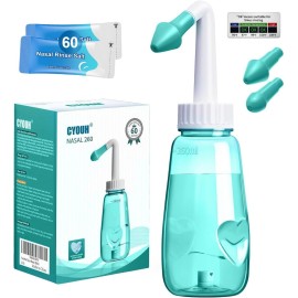 CYOUH Neti Pot Sinus Rinse Bottle 260 ML with 60 Nasal Wash Salt Packets and Sticker Thermometer Nose Wash Cleaner Pressure Rinse Nasal Irrigation for Adult & Kid BPA Free (Green)