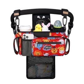 TOPDesign Universal Baby Stroller Organizer, Stroller Caddy with Detachable Mesh Bag & Heightened Insulated Cup Holders & Non-Slip Secure Hooks Accessories, Fits Most Strollers (Zoo 3)