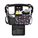 TOPDesign Universal Baby Stroller Organizer, Stroller Caddy with Detachable Mesh Bag & Heightened Insulated Cup Holders & Non-Slip Secure Hooks Accessories, Fits Most Strollers (Cats & Rockets)