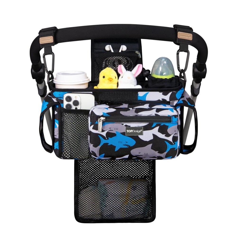 TOPDesign Universal Baby Stroller Organizer, Stroller Caddy with Detachable Mesh Bag & Heightened Insulated Cup Holders & Non-Slip Secure Hooks Accessories, Fits Most Strollers (Sharks)