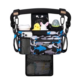 TOPDesign Universal Baby Stroller Organizer, Stroller Caddy with Detachable Mesh Bag & Heightened Insulated Cup Holders & Non-Slip Secure Hooks Accessories, Fits Most Strollers (Sharks)