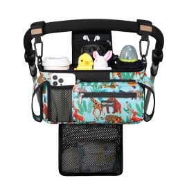 TOPDesign Universal Baby Stroller Organizer, Stroller Caddy with Detachable Mesh Bag & Heightened Insulated Cup Holders & Non-Slip Secure Hooks Accessories, Fits Most Strollers (Tropical Rainforest)