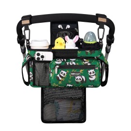 TOPDesign Universal Baby Stroller Organizer, Stroller Caddy with Detachable Mesh Bag & Heightened Insulated Cup Holders & Non-Slip Secure Hooks Accessories, Fits Most Strollers (Pandas)