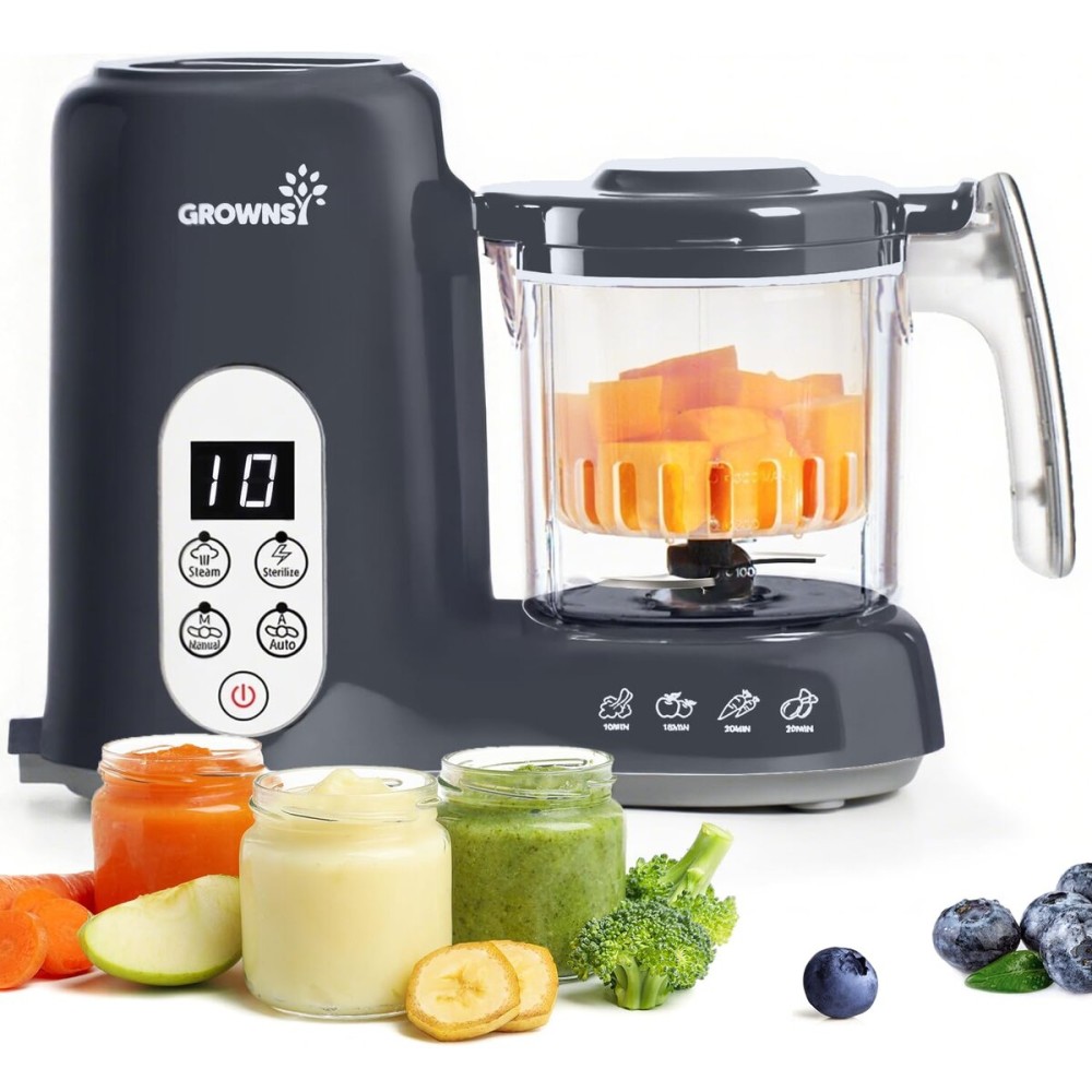 GROWNSY Baby Food Maker with Steam Basket, One Step Baby Food Processor Steamer Puree Blender Grinder Mills Machine, Auto Cooking Grinding and Sterili-zing for Healthy Homemade Baby Food, Dark Grey