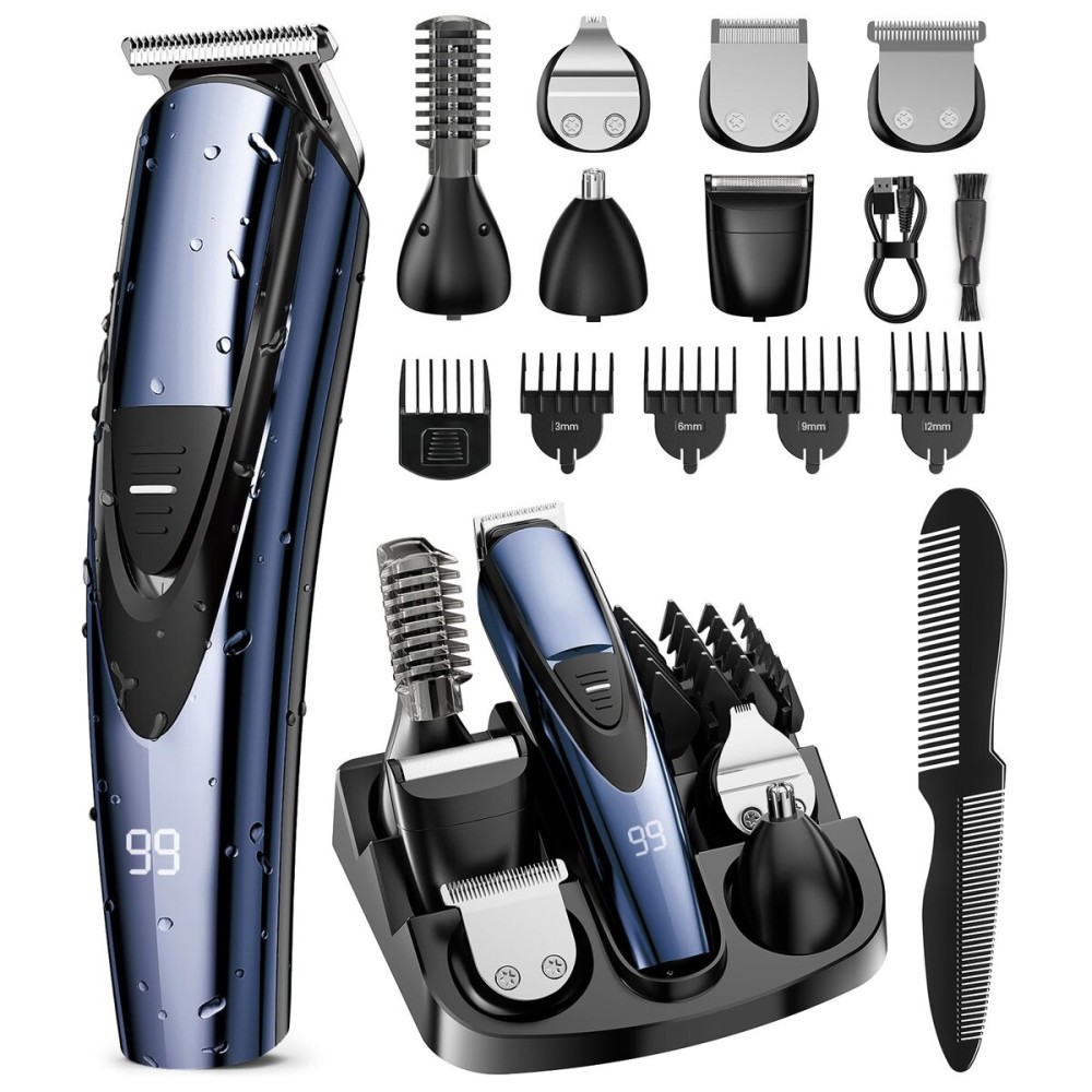 SHPAVVER Beard Trimmer for Men: Professional Barber Hair Clippers - 12-in-1 Cordless Grooming Kit - Waterproof Electric Razor with Turbo Speed & Precision Blades, Blue