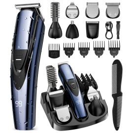 SHPAVVER Beard Trimmer for Men: Professional Barber Hair Clippers - 12-in-1 Cordless Grooming Kit - Waterproof Electric Razor with Turbo Speed & Precision Blades, Blue