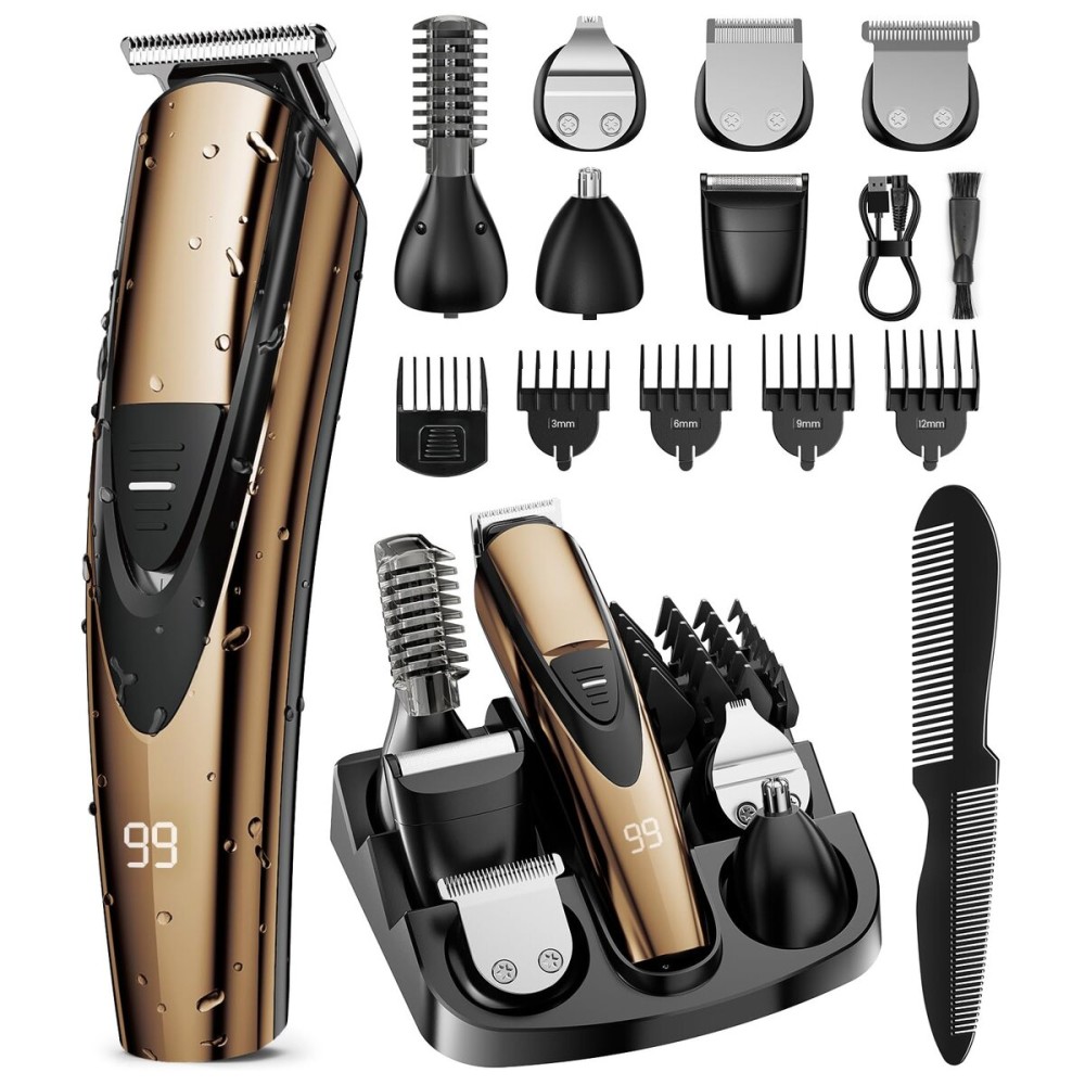 SHPAVVER Beard Trimmer for Men: Professional Barber Hair Clippers - 12-in-1 Cordless Grooming Kit - Waterproof Electric Razor with Turbo Speed & Precision Blades, Gold