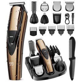 SHPAVVER Beard Trimmer for Men: Professional Barber Hair Clippers - 12-in-1 Cordless Grooming Kit - Waterproof Electric Razor with Turbo Speed & Precision Blades, Gold