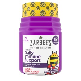 Zarbee\'s No Sugar Coating Elderberry Gummies for Kids, Daily Immune Support* Gummies with Vitamins C, D3 & Zinc to Support a Healthy Immune System*, No Artificial Flavors, Ages 2+, 60 ct