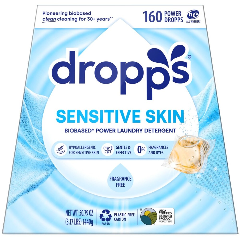 Dropps Sensitive Skin Laundry Detergent Pods, Unscented (160 Count) - Dermatologist Tested Laundry Pods - HE Compatible Laundry Supplies for Clean Clothes, Vegan & Dye-Free