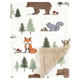 Hudson Baby Infant Boys Plush Blanket with Furry Binding and Back, Forest Animals, One Size