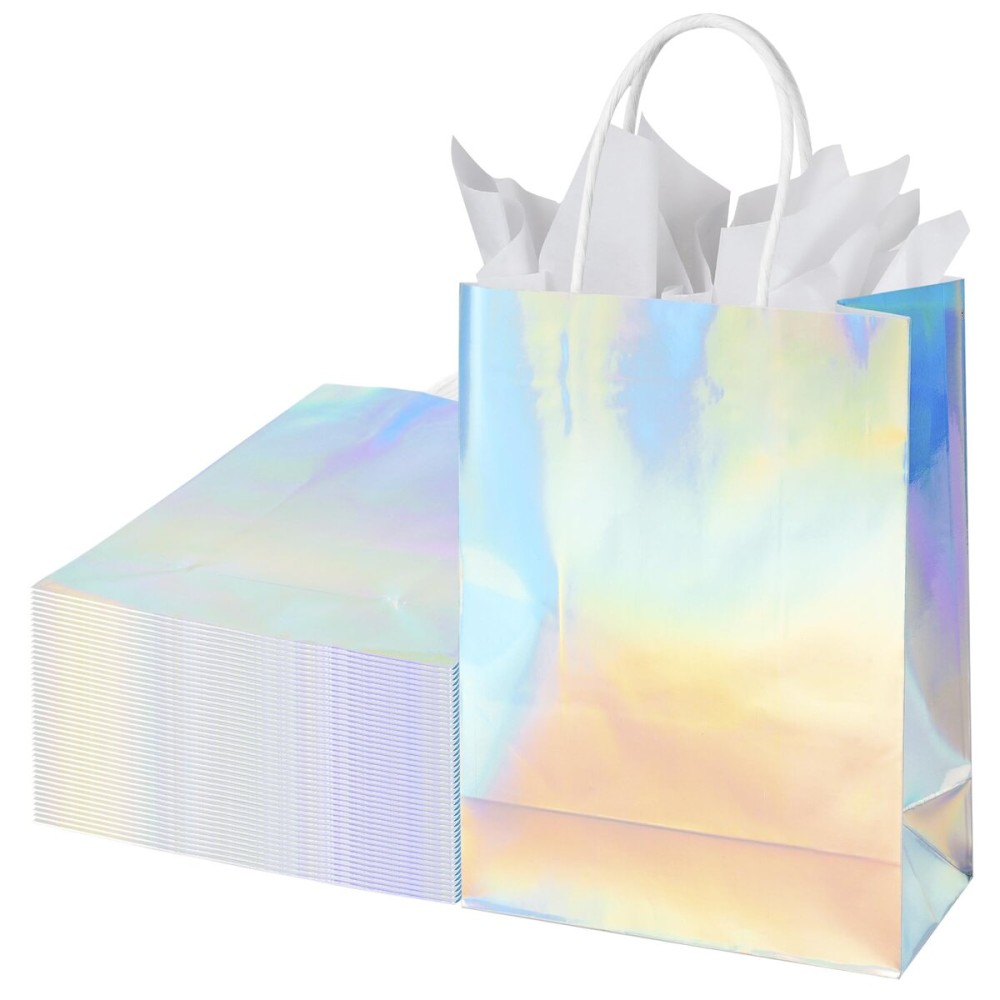 BLEWINDZ 32Pcs Small Paper Gift Bags with Tissues, Iridescent Party Favor Bags with Handles, Holographic Silver Gift Bag for Wedding Baby Shower Birthday Shoppings Party Supplies