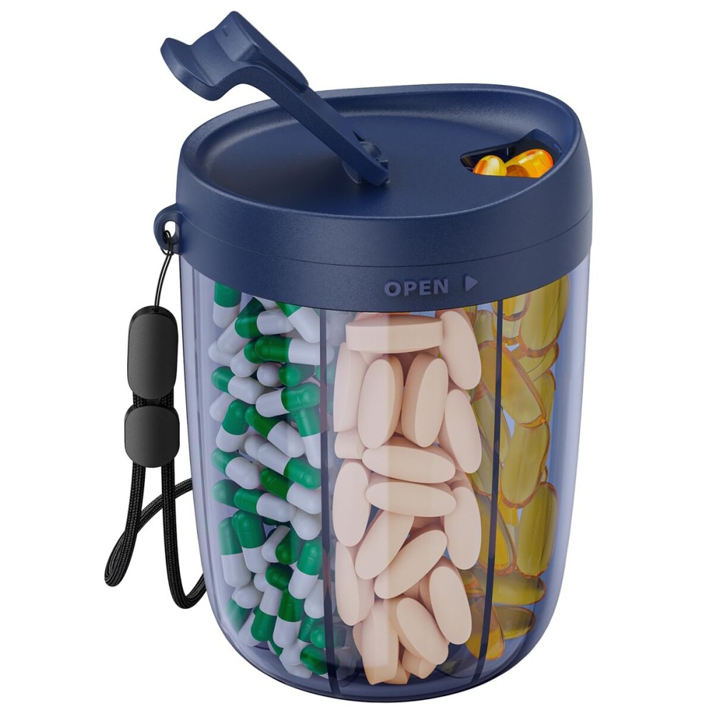 PULIV Large Pill Bottle Organizer, Supplement Organizer for Holding 6 Various Vitamins, Pill Box with Anti-Mixing & Wide Opening Design, Easy to Retrieve Meds and 20 Pcs Stick-on Labels, Business Blue