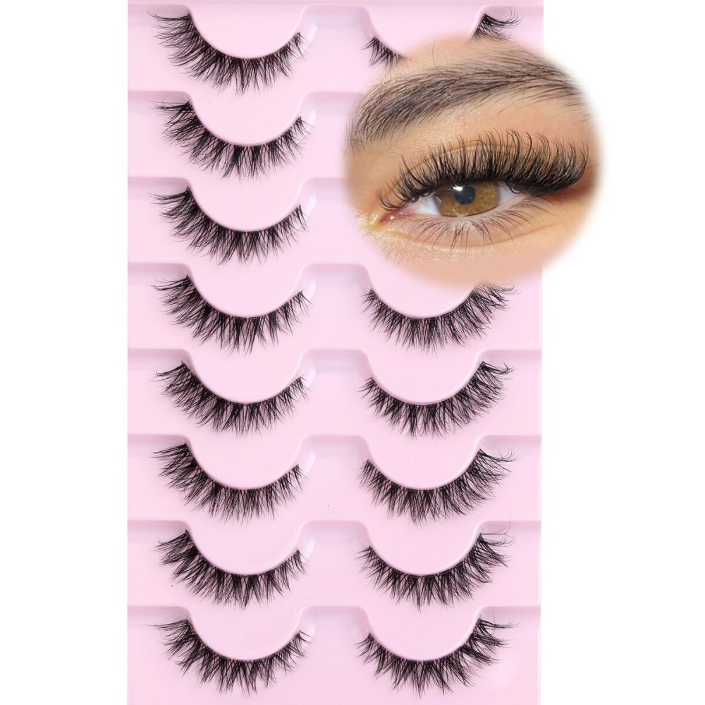 Cat Eye Lashes 13MM Short False Eyelashes Clear Band Natural Look Fluffy Faux Mink Lashes Wispy Soft Eyelashes Lightweight Handmade 8 Pairs Pack Eyelashes