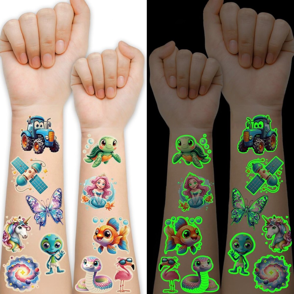 Luminous Temporary Tattoo for Kids, Mixed Styles Glow Fake Tattoos Stickers with Mermaid Truck Racing Car Dinosaur Dolphin Shark Space for Girls Boy Body Arm Party Makeup Supplies Gifts, 117PCS