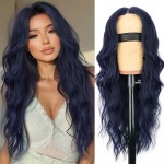 AISI HAIR Dark blue Wigs for Women, Long Wavy Lace Hairline Middle Part Synthetic Heat Resistant Wig for Daily Party-26 Inch