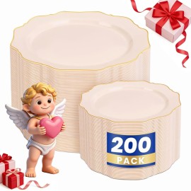 WDF 200PCS Pink Plastic Plates - Pink and Gold Plastic Plates - Include 100 Dinner Plate and 100 Cake Plate for Valentine\'s Day/Wedding/Bridal Shower/Tea party
