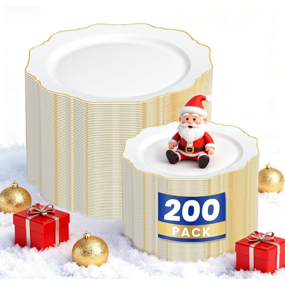 WDF 200PCS White and Gold Plastic Plates - Gold Plastic Plates - Include 100 Dinner & 100 Dessert Disposable Party Plate - Fancy Disposable Plate for Wedding/Thanksgiving/Bridal shower