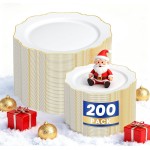 WDF 200PCS White and Gold Plastic Plates - Gold Plastic Plates - Include 100 Dinner & 100 Dessert Disposable Party Plate - Fancy Disposable Plate for Wedding/Thanksgiving/Bridal shower
