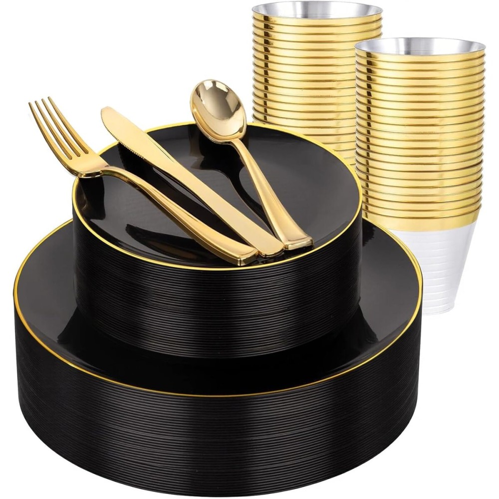 WDF 150PCS Black Plastic Plates - Black and Gold Plates Disposable - 25guest Disposable Dinnerware Sets for Party/Wedding/Halloween/New Year