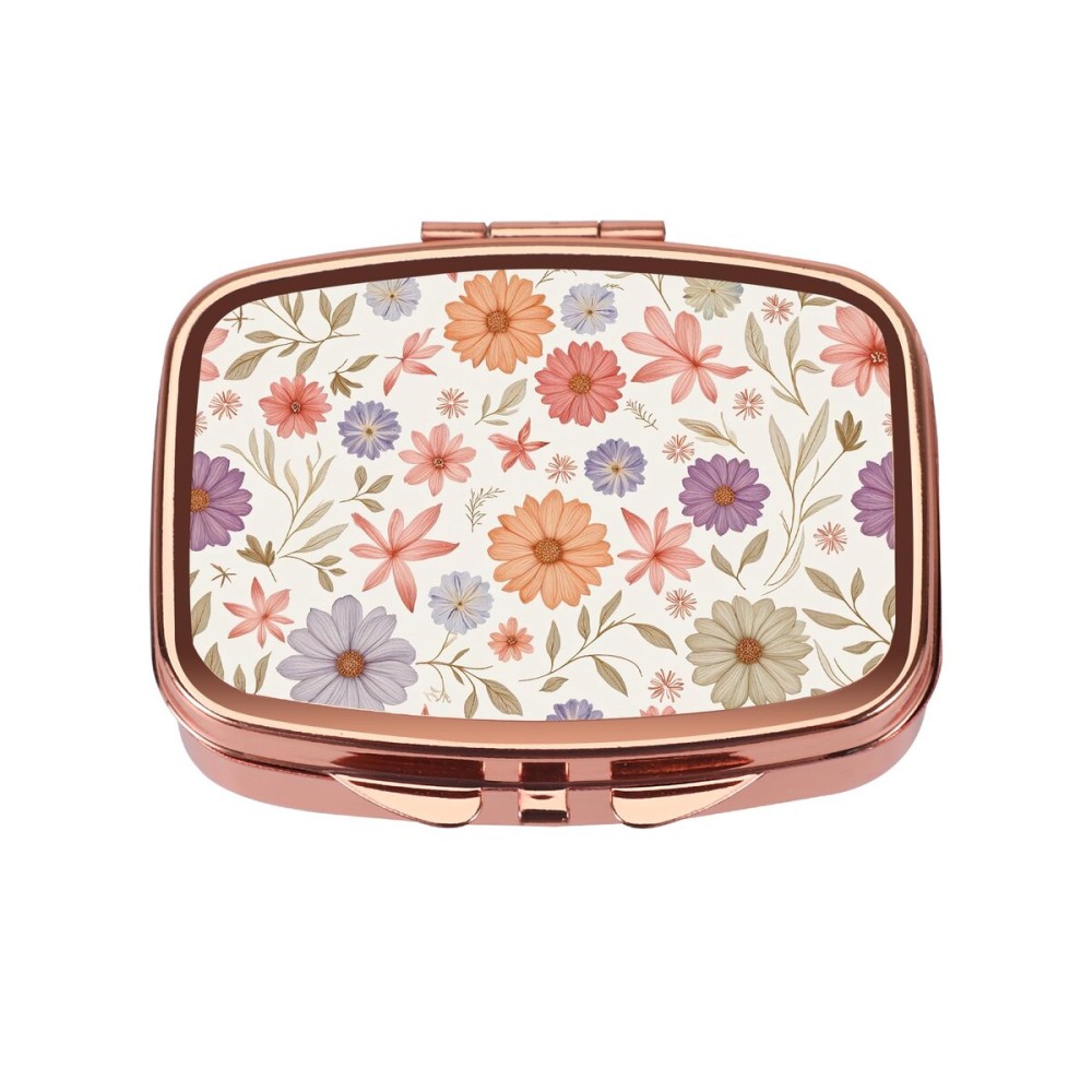 Dynippy Pill Case Pill Box with Mirror Retro Pocket 2 Compartment Medicine Case Vitamin Pill Organizer for Pocket Purse and Travel (Rose Gold-Wildflower Pattern)