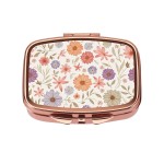 Dynippy Pill Case Pill Box with Mirror Retro Pocket 2 Compartment Medicine Case Vitamin Pill Organizer for Pocket Purse and Travel (Rose Gold-Wildflower Pattern)