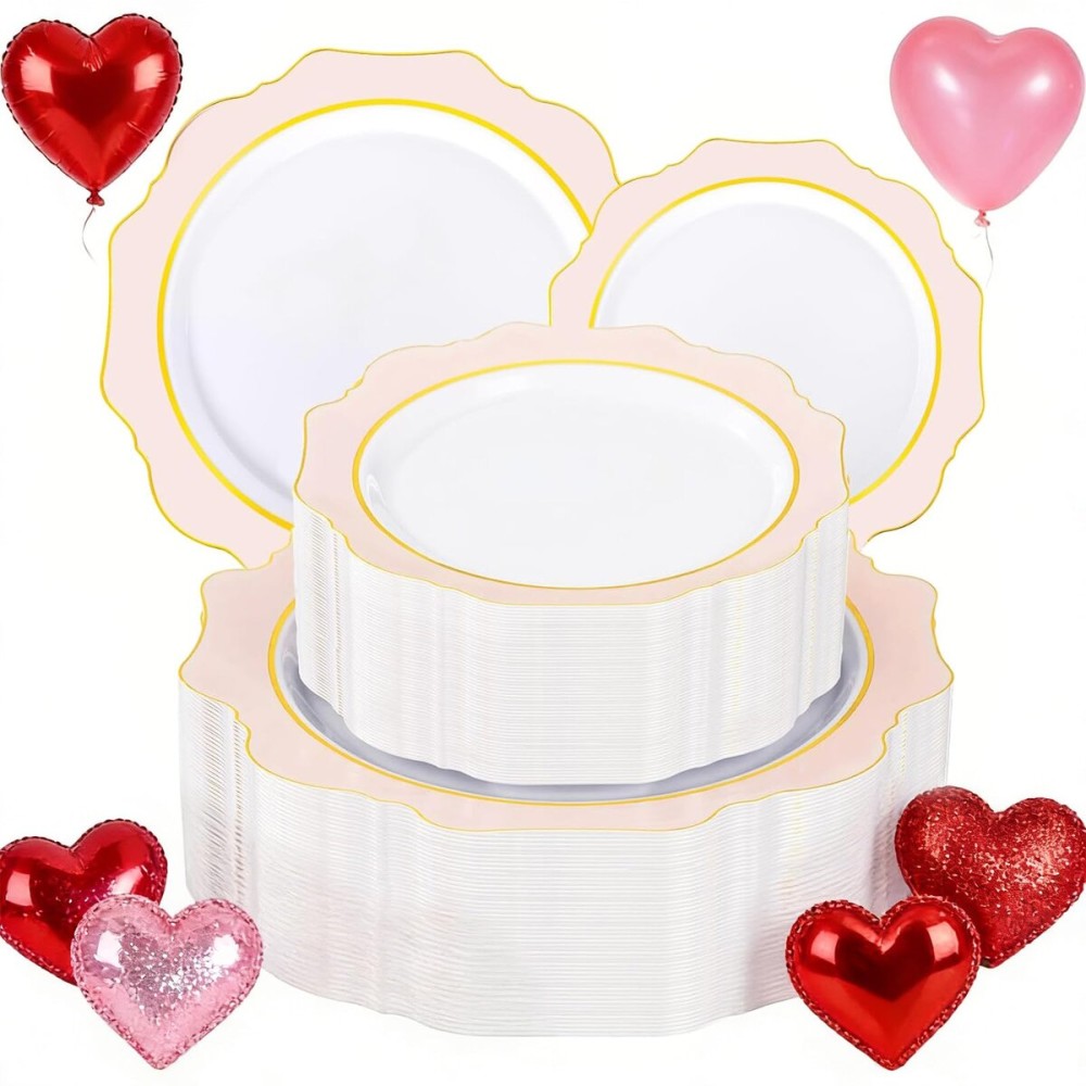 WDF 100PCS Pink Plastic Plates - Heavy Duty Pink and Gold Disposable Plates - Include 50 Dinner Plate and 50 Cake Plastic Plate for Valentine\'s Day, Wedding, Bridal Shower, Tea party
