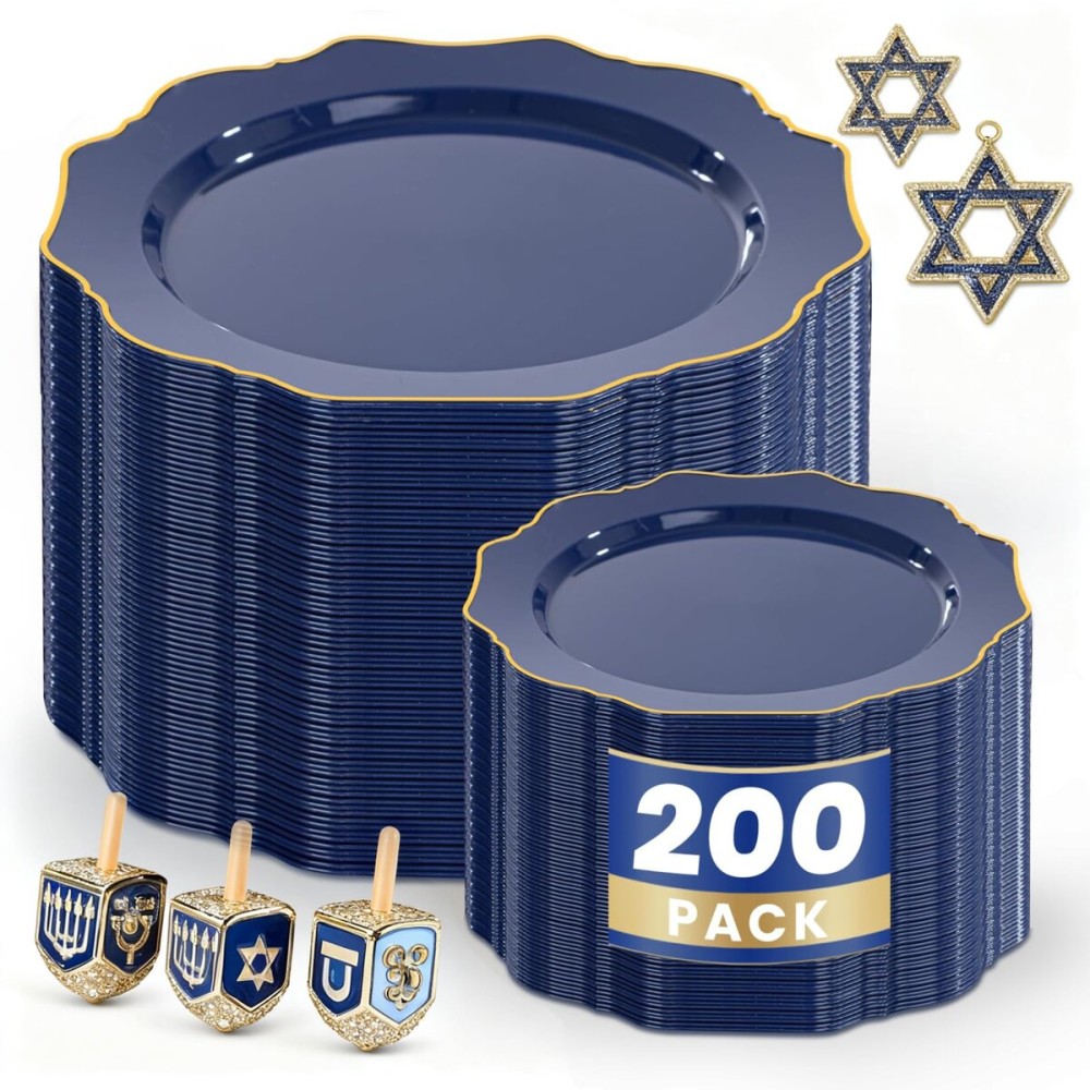 WDF 200pcs Blue Plastic Plates - Navy Blue Plates Disposable - Heavy Duty Plastic Plate for Hanukkah/Weddings/Parties/Birthday
