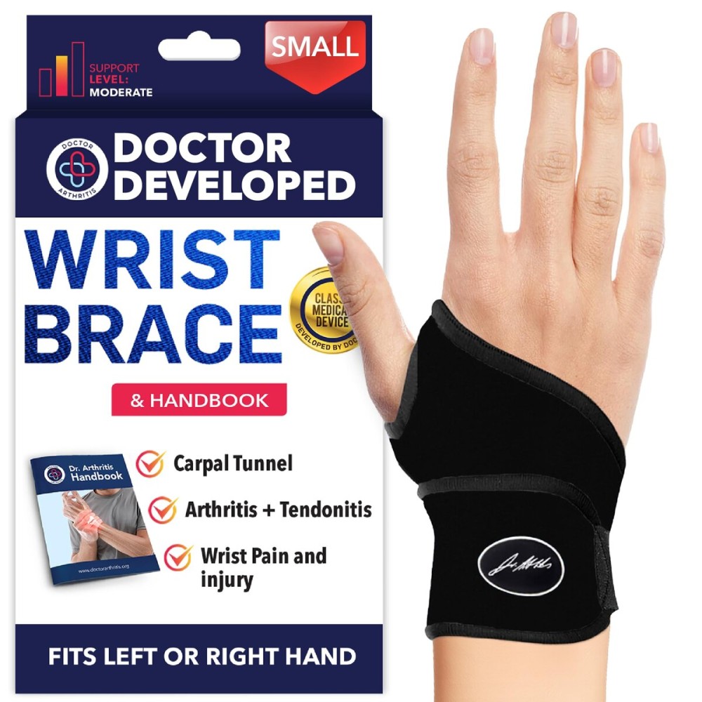 Doctor Developed Wrist Brace - Wrist wrap for Carpal Tunnel Arthritis,Tendonitis, Hand Support - Ideal for Fitness, Weightlifting - Handbook included (Black (Small- 1 Pack), Wrist Brace)