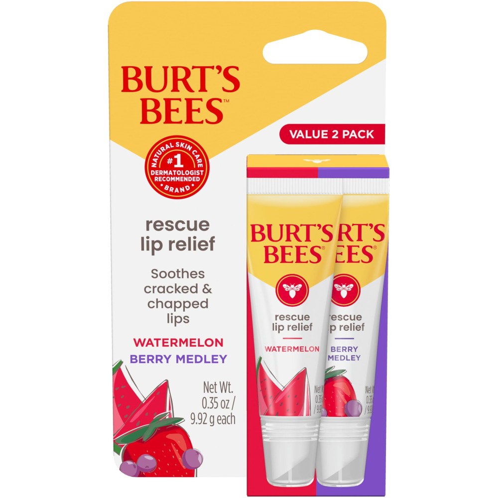 Burt\'s Bees Stocking Stuffers, Rescue Lip Relief, Watermelon & Berry Medley, Hydrating Lip Balm for Dry Cracked Lips, with Responsibily Sourced Beeswax, 100% Natural Origin, 2 Pack, 0.35oz