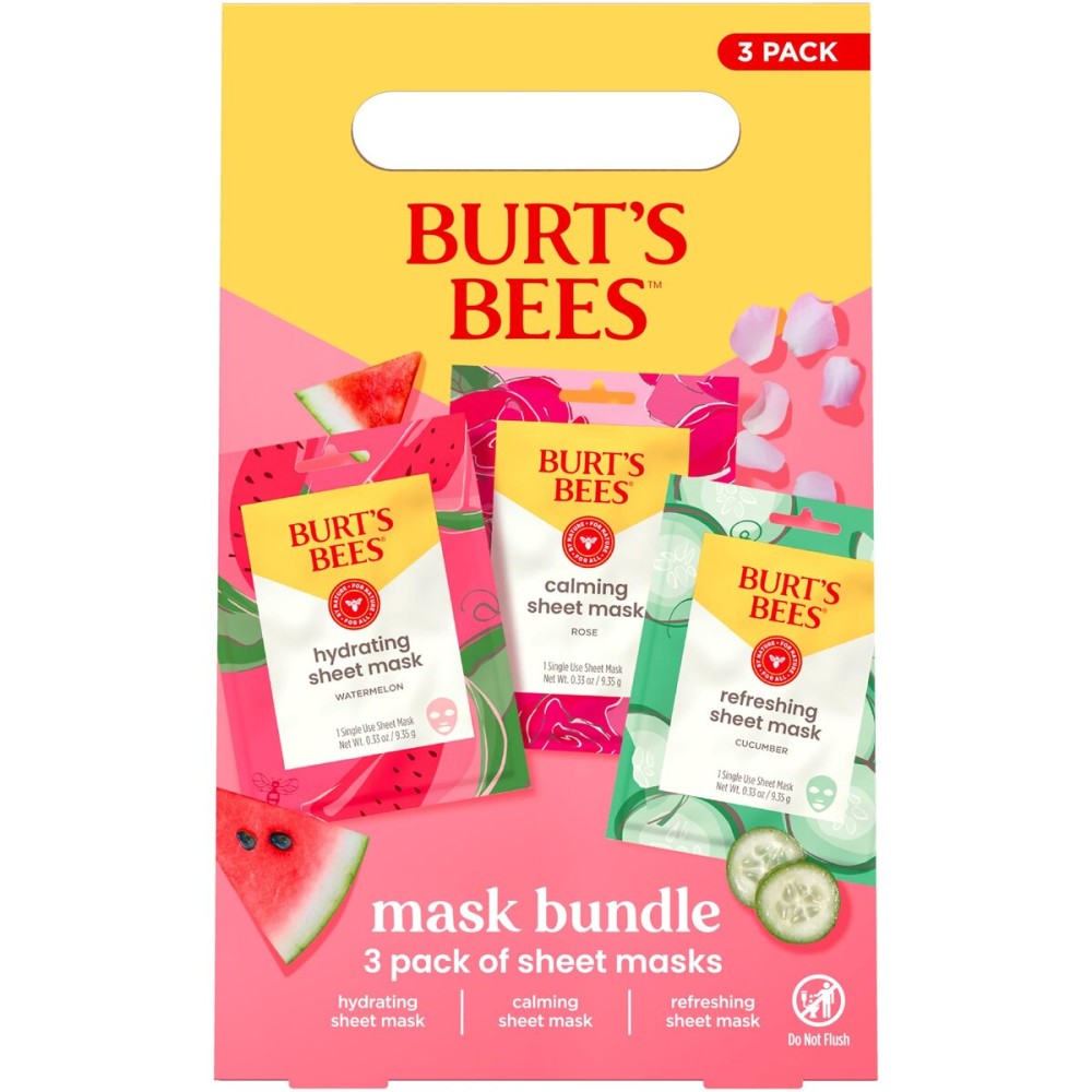 Burt\'s Bees Christmas Gifts - Face Mask Bundle Set, Hydrating Watermelon, Calming Rose, & Refreshing Cucumber, Face Sheet Masks for Single Use Skin Care, 99% Natural Origin, 3 Count, 0.33oz Each