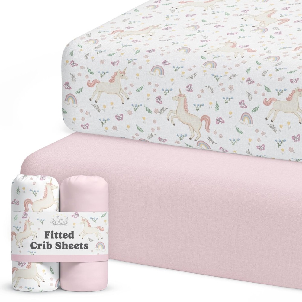 Sorrel + Fern Crib Sheets Neutral - Fitted Baby Crib Sheets Bed for Girl Boy - 2 Pack Standard & Toddler Mattress (Unicorn Blossom) - Buttery Soft Organic Cotton Blend